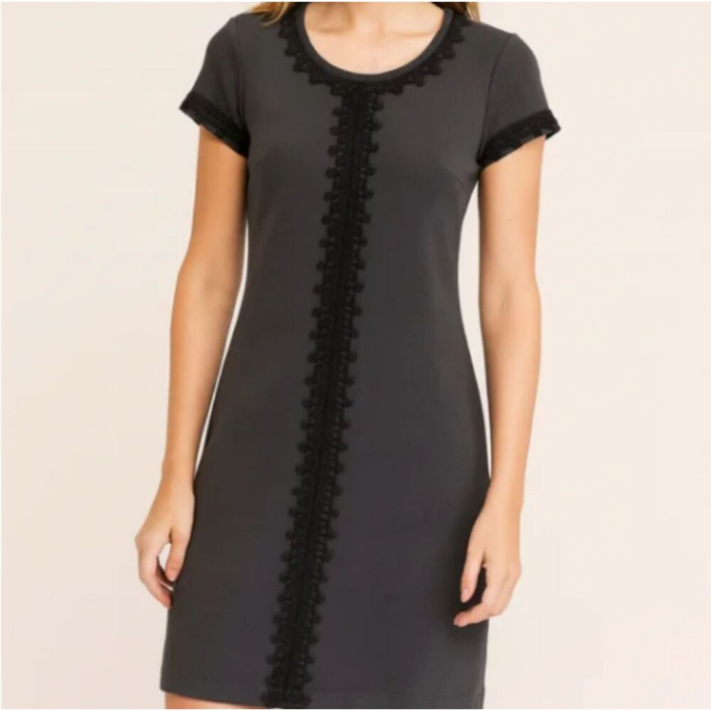 Boden Black Pom Trim Short Sleeve Dress Size 6 Petite